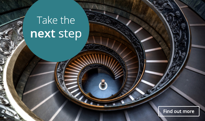 Ornate spiral staircase  with the text 'Taking the next step'. Representing beginning your journey in becoming directly authorised.